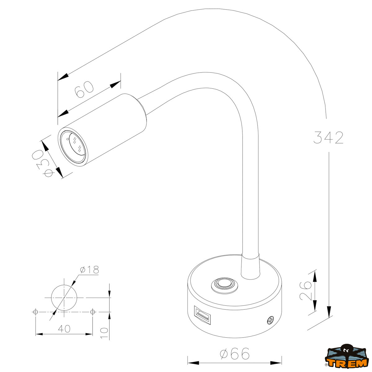 Dimensions liseuse LED USB TREM
